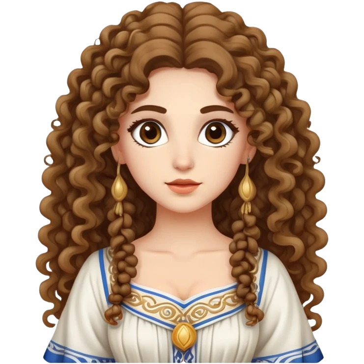 Beautiful Greek character with long puffy curly hair wearing cute traditional Greek clothing emoji