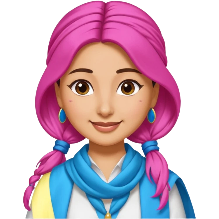 generate a pretty bratz emoji that looks like Kareena Kapoor's Geet character. 
Make her wear a white shirt with a colorful blue-pink dupatta wrapped around her neck. smiling big. hair tied into a side part ponytail

She should look like Kareena Kapoor emoji