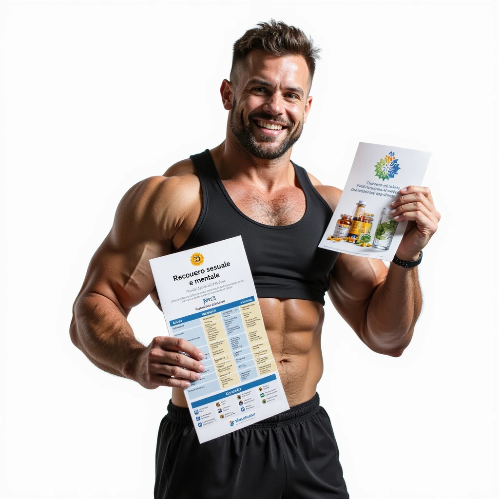 hyper realistic bodybuilder in sportswear showing a PCT chart and a brochure with Italian text 'Recupero sessuale e mentale', supplements, water and wellness symbol next to him, positive atmosphere, Italian caption 'PCT: salute ritrovata', isolated on white background emoji