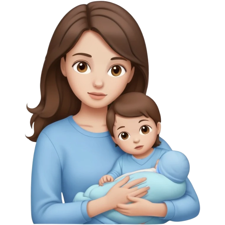 brunette girl with brown hair wearing pastel blue clothes holding a baby emoji