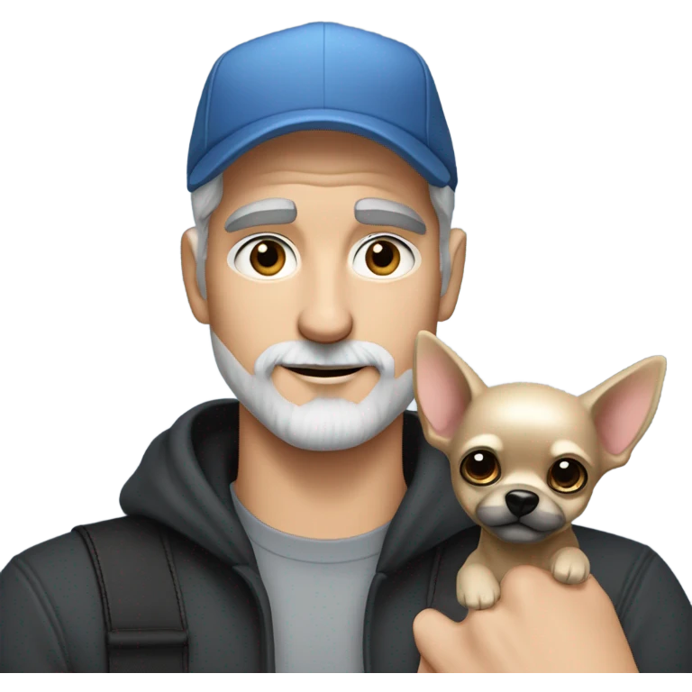 Handsome blue eyed man, with grey hair, and grey goatee beard, wearing ball cap and holding a long haired black chihuahua emoji
