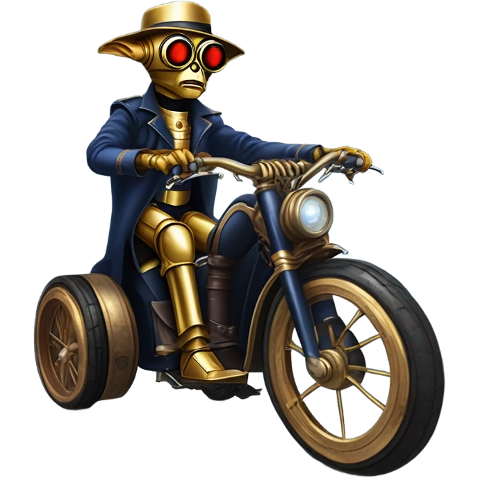 Old west Bounty hunter C-3PO Jedi wearing a pair of navy-blue rimmed steampunk goggles, hat, leather chaps, fringe jacket riding a relaxed 3 wheeler trike steampunk rat rod motorcycle in desert town  emoji