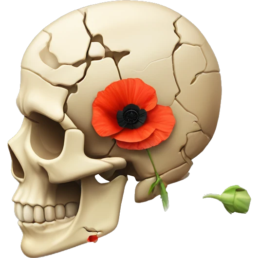 broken skull with 2 poppies and 1 sprout of poppy instead the brain in profile emoji