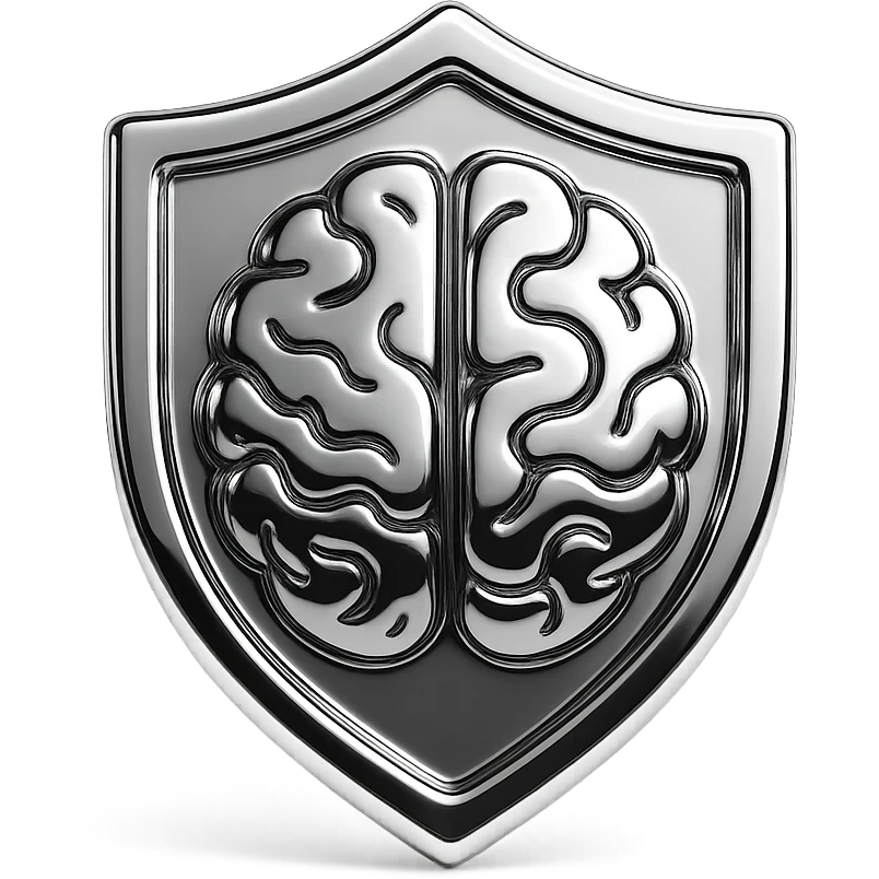 Minimal flat icon of a shield combined with a human brain, symbolizing self-control and mental discipline. emoji