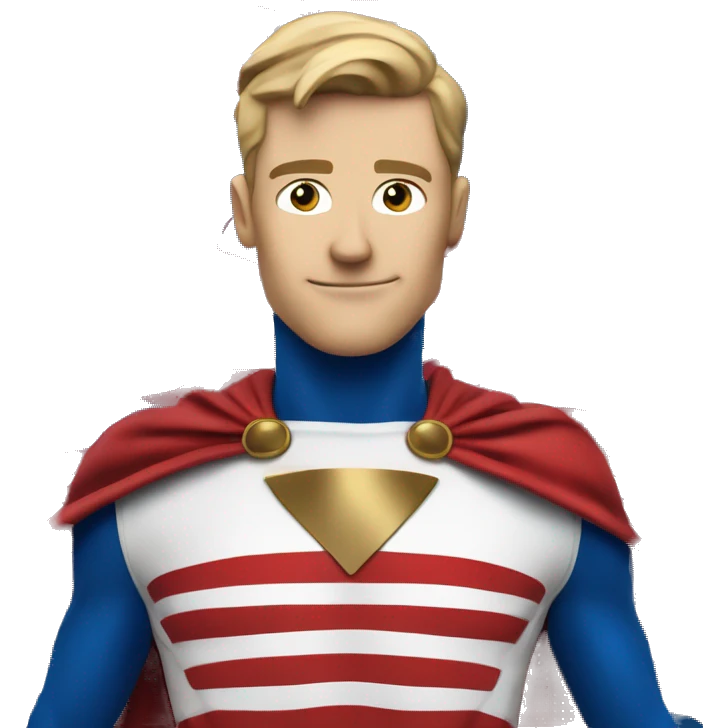 Emoji of Homelander from ‘The Boys’ series. USA flag-inspired costume with cape (red, blue, white). Confident, slightly menacing expression. emoji