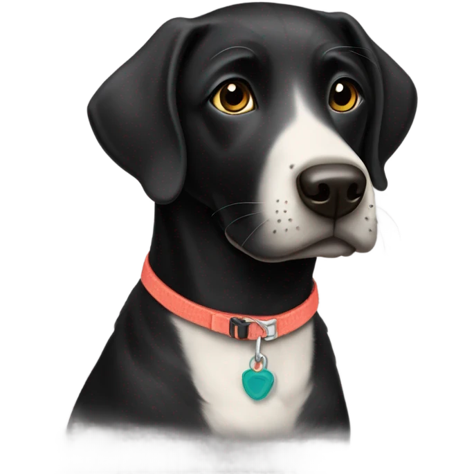 Black lab named Lucy with collar that says Lucy emoji