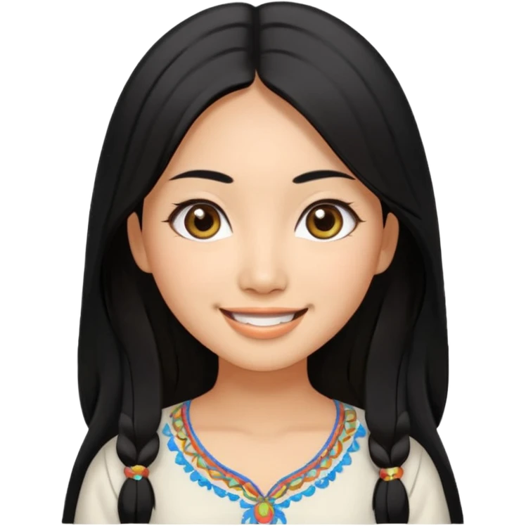 30 yr old asian woman center parted hair big eyes big smile tanned skin straight black hair hippie part hair white blouse emoji