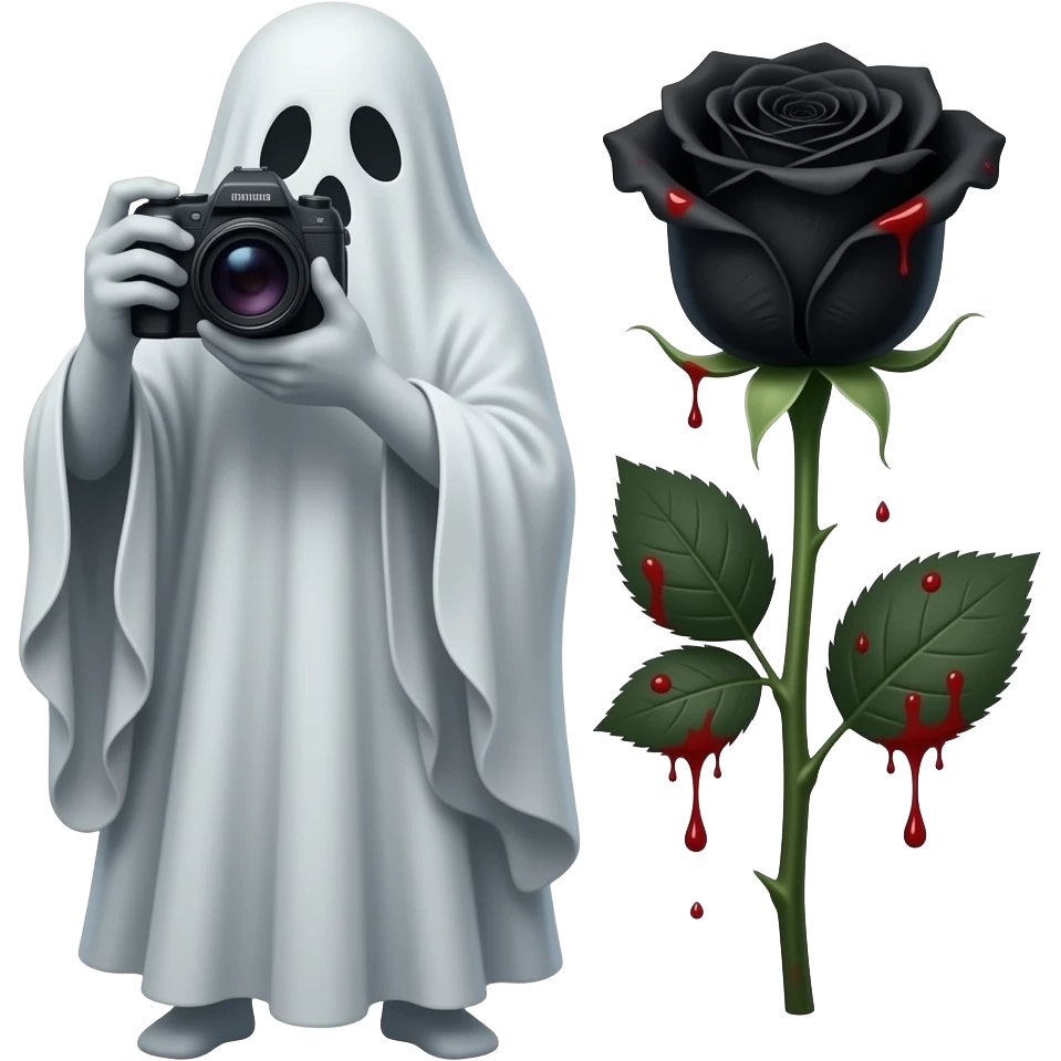 Open Black rose  with blood droplets on it. Haunting realistic ghost  taking pgoto emoji