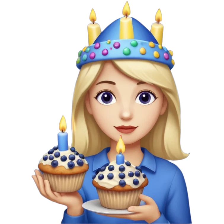 Blueberry Muffin celebrating birthday. Make sure it actually looks like a muffin with candles. Somebody holding it with party hat  emoji