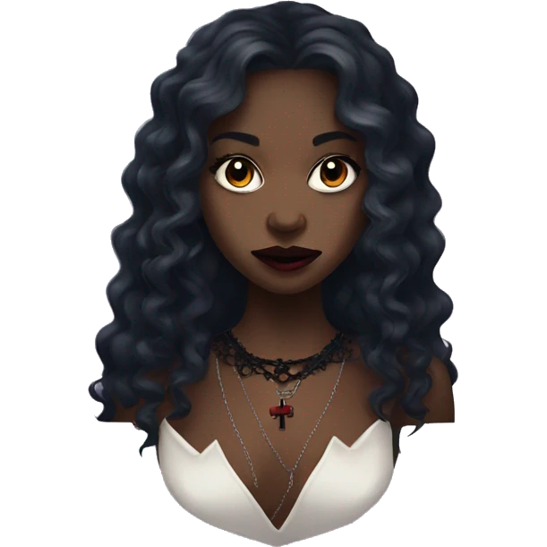 vampire black girl with long curly hair fangs and a cross choker necklace and a lace dress   emoji