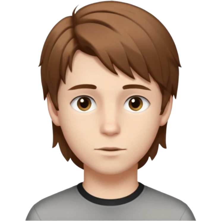 A young white boy with brown hair and eyes, with slightly long, straight and disheveled hair with wolfcut haircut, Make it look aesthetic, it's a trans boy emoji