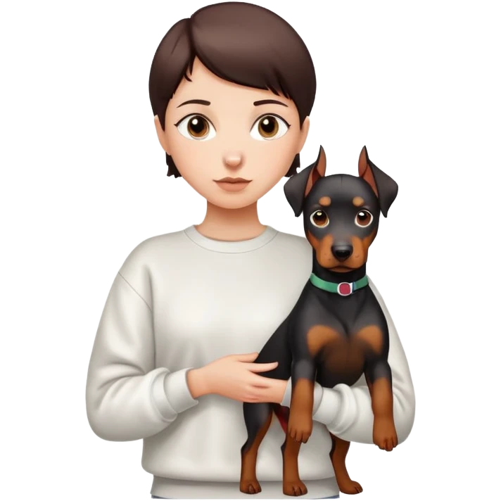 A short-haired girl in a white sweatshirt is holding a big Doberman dog emoji