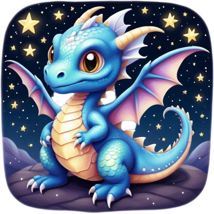 Airbrush painted image of a dragon hatchling under a deep galactic sky with pearlescent scales and wings spread against the stars emoji