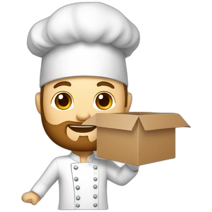 A CHEF WITH A SURPRISE BOX full of vegetables with no hat chef and a beard white skin emoji