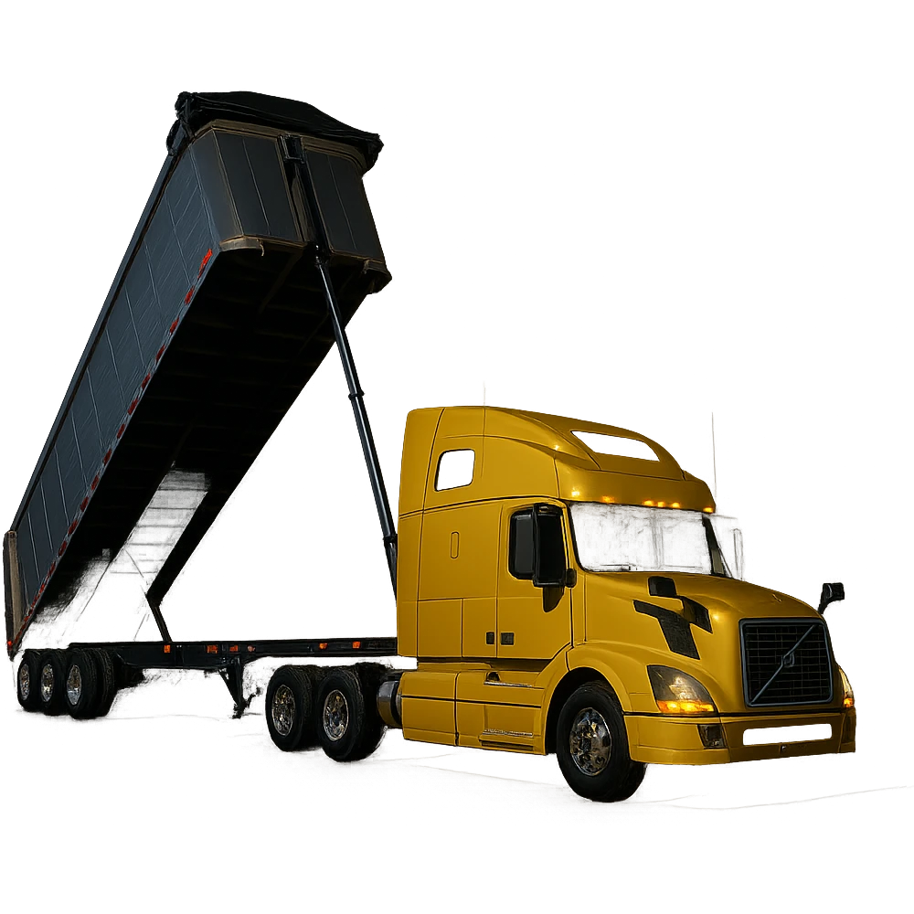 long silver end dump trailer hooked to a Volvo yellow semi sleeper truck, trailer in dump position, photorealistic night scene, crisp details, no background emoji