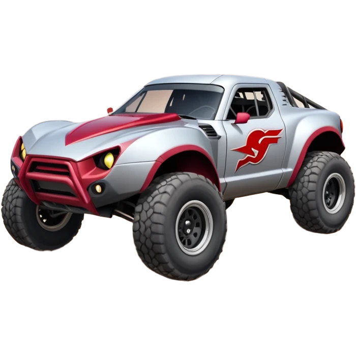 Satan’s (post race) Cabernet Dirty and dented Local Motors Rally Fighter off road race car hot rod trophy truck-style flying on a dusty road (silver wheels) emoji