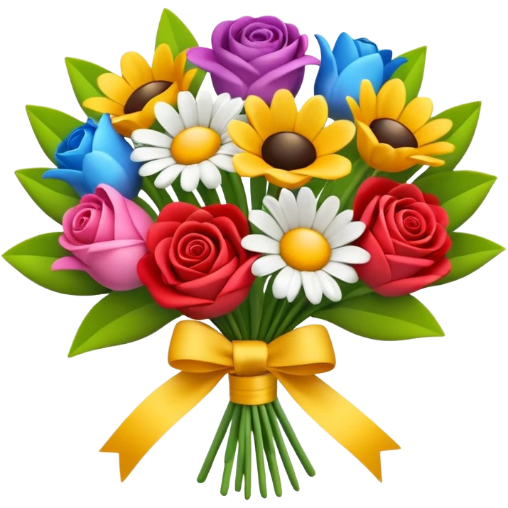 Apple-style 3D emoji of a colorful flower bouquet, tied together with a small ribbon, different bright flowers like roses, tulips and daisies, cheerful and elegant design, no background emoji