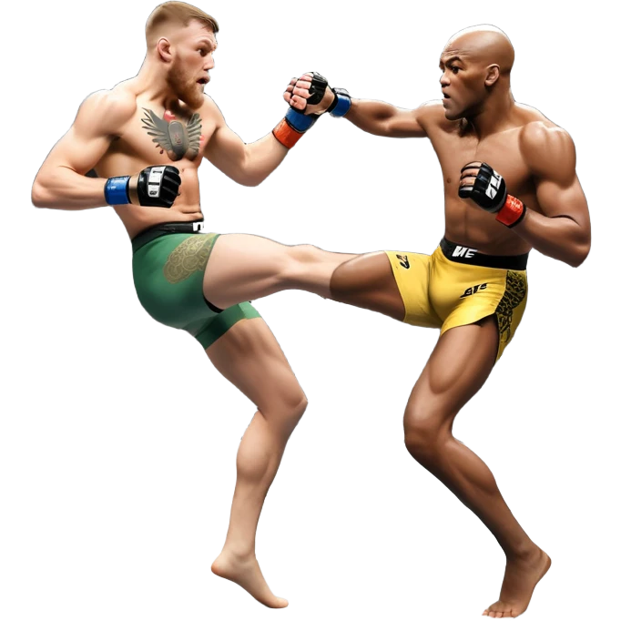 An MMA showdown between Conor McGregor and Anderson Silva in the octagon. McGregor is executing a powerful jumping strike, while Silva is expertly blocking the attack with his forearm. The background features the UFC octagon, fans in the distance, and dynamic action. Transparent background emoji