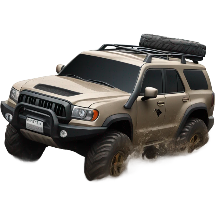 An off-road SUV facing a road full of mud and rocks, with big tires and mud splashing around, showing resistance and adaptability. emoji