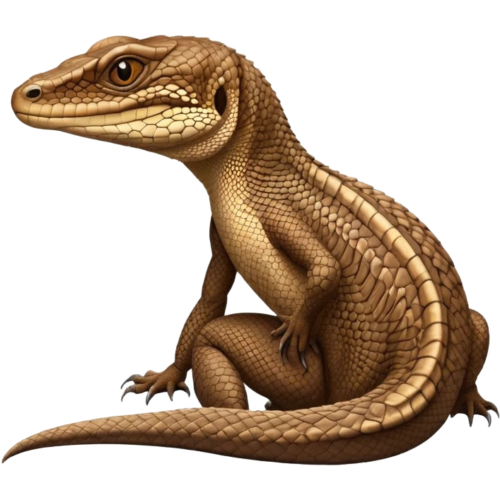 Cinematic Noble brown monitor Lizard Portrait Emoji, Poised and regal, with a robust, scaled body exhibiting striking, mottled patterns and piercing, alert eyes, Simplified yet sharp and sophisticated features, highly detailed, glowing with a soft, earthy glow, high shine, intelligent and formidable, stylized with an air of ancient wilderness, focused and commanding, soft glowing outline, capturing the essence of a watchful and confident reptilian guardian that appears ready to stride out of the screen with effortless authority! emoji