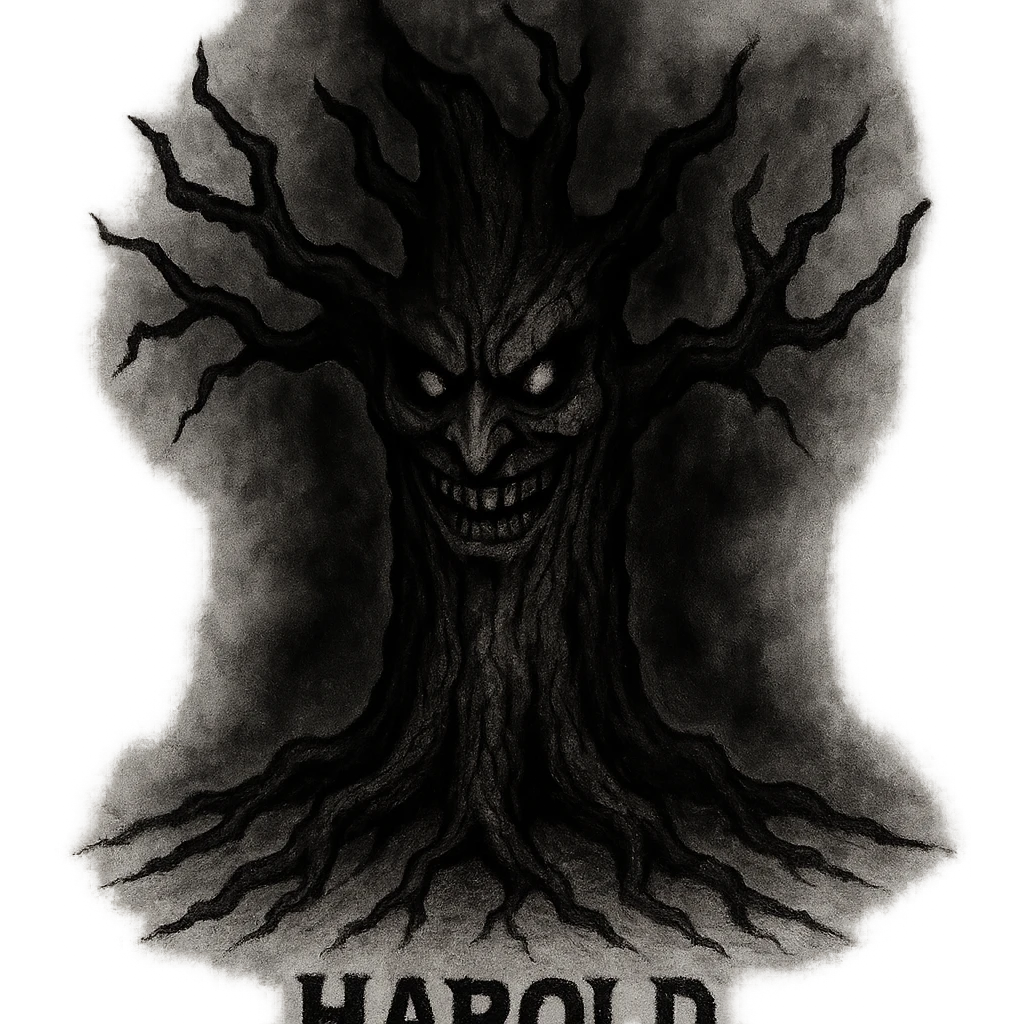 tree character named Harold inspired by Haunted Mound, sinister face, gnarled roots, shadowy aura emoji