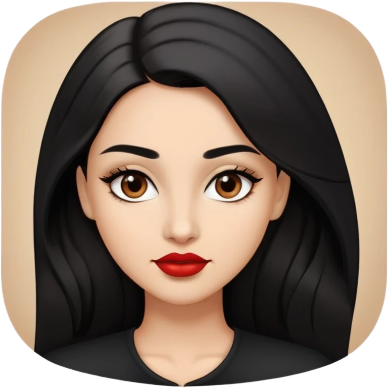 Confident young woman with oval face, elegant features, dark brown eyes, arched eyebrows, red lipstick, light brown skin, long black hair, wearing a black top emoji