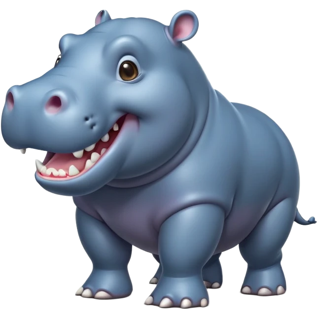 cinematic-hippo-realistic-full-body-side-view-standing-on-all-fours-emoji,-massive-round-frame,-wide-mouthed-grin-exposing-huge-teeth,-head-tilted-dramatically,-thick-greyish blue-hide-glossy, big cute eyes emoji