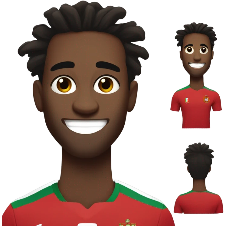  Young black man- 4 inch short dark black messy dread locks-  mad eyebrows - low dark brown eyes - no facial hair - laughing - Portugal jersey - lean muscle - nice smile  emoji