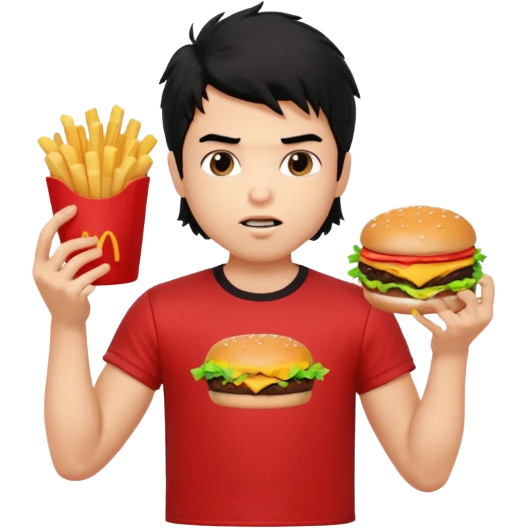 generate a pretty fair bratz boy with a messy mullet (black hair), wearing a red tshirt. eating a burger and fries, big biceps emoji