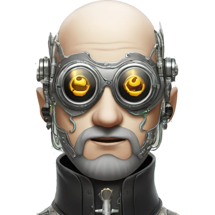 Bald cyborg head with silver steampunk goggles, white five beard and circuits emoji