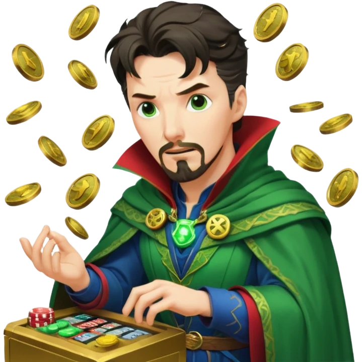 disheveled Doctor Strange losing money at a slot machine, panicked face, coins flying emoji