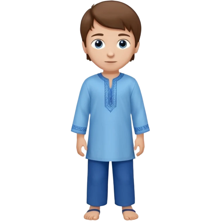 7 year old boy, with a keepah and tzitit, and a light blue tunic shirt, with dark blue pants, brown hair and blue eyes emoji