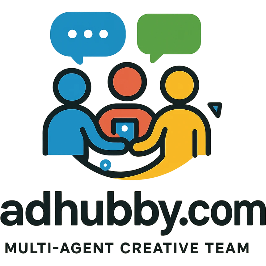 Logo for adhubby.com, multi-agent creative team, playful and modern, incorporates elements like chat bubbles, teamwork, or digital icons, designed to appeal to small business owners emoji