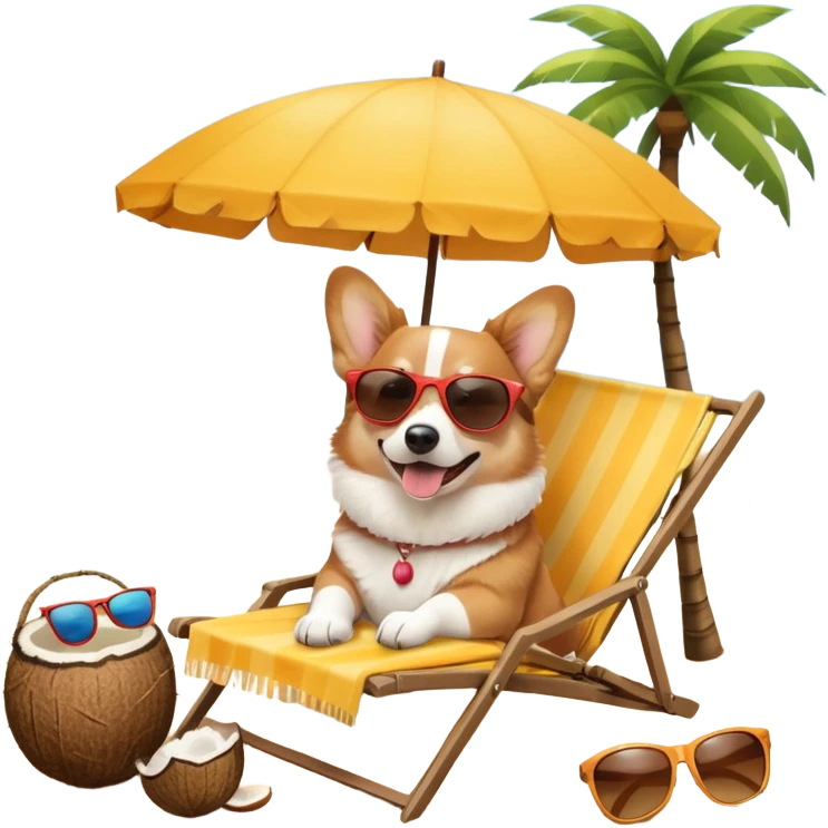 a corgi dog laied on a beach chair, a sunny beach, a sun umbrella, and beach coconut trees. the icon should capture the essence of a relaxing beach vacation with a carefree atmosphere emoji