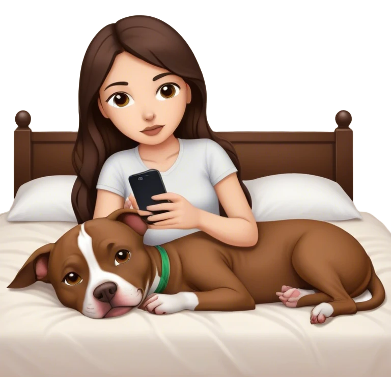 Girl long dark brown hair lays on her bed with her cell phone and her brown pit bull lays guarding her emoji