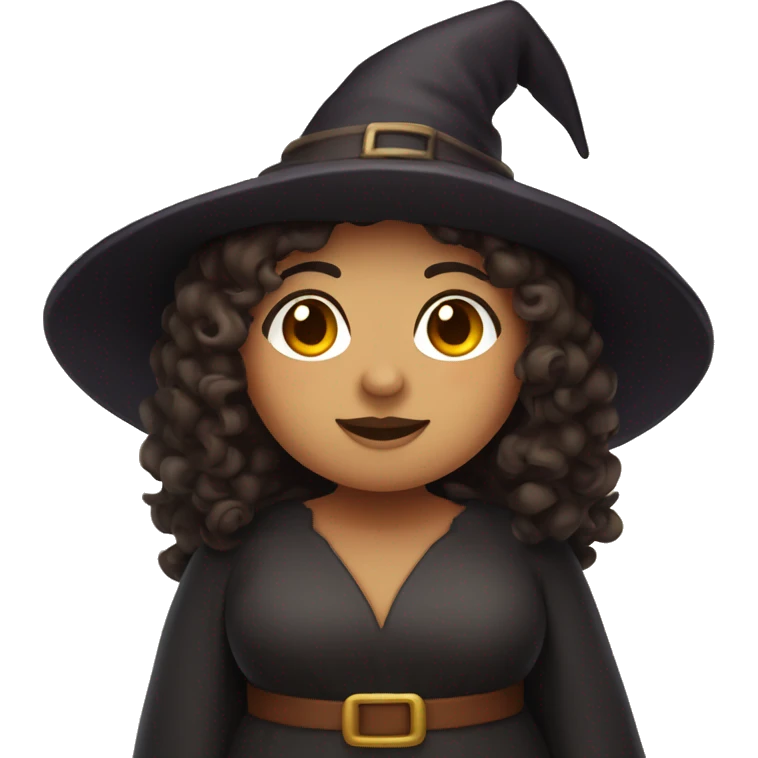 chubby hispanic witch with curly brown hair, tan skin, robes, and a witch's hat emoji