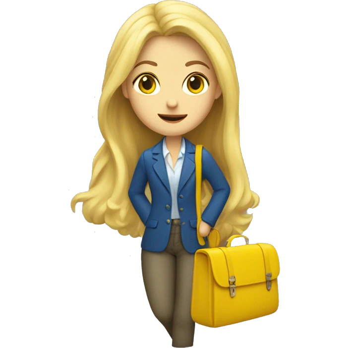Long blond hair girl with blue blazer and yellow short scarf holding travel bag  emoji