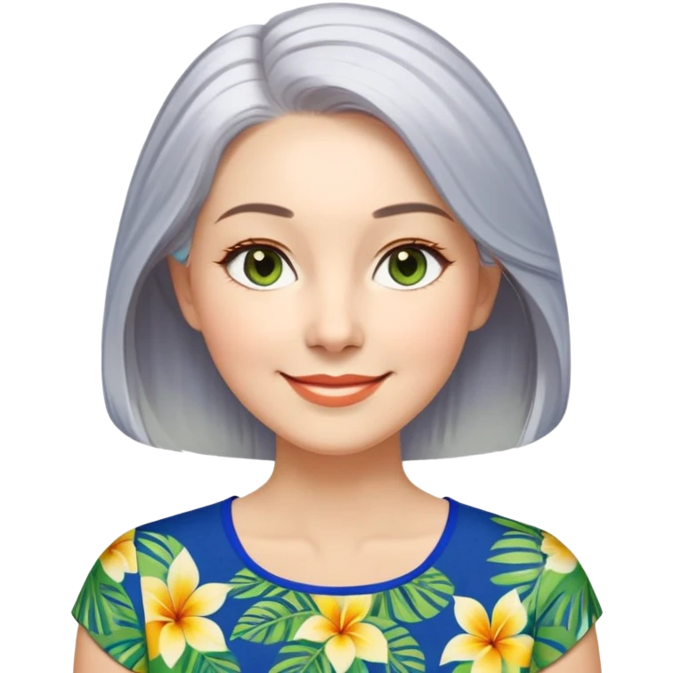 A woman with light complexion, oval face with soft rounded features, full cheeks, gentle almond-shaped eyes with subtle smile lines, longer back length silver-gray hair parted to the side, wearing a vibrant short-sleeved blouse with tropical print in blue, green, and yellow, exuding warmth and joy. emoji