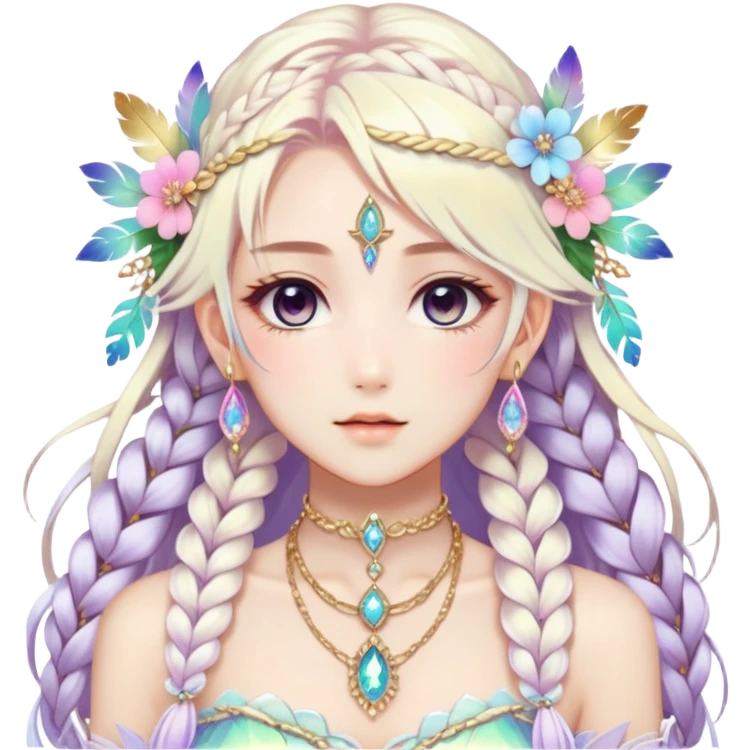 Beautiful gorgeous anime lady with beautiful iridescent-white-braided-hair, fashion aesthetic, ethereal, fairycore, pastelcore, feathers, flowers, gems, accessories, jewelries, gold, colorful emoji