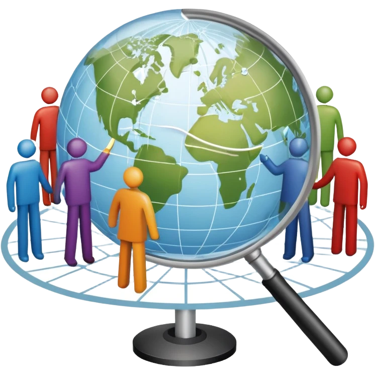 An icon featuring a group of people, a network diagram, and a magnifying glass, symbolizing sociology. The design includes a globe and interconnected lines, representing social structures and relationships. Transparent background highlights the study of societies and human behavior. emoji