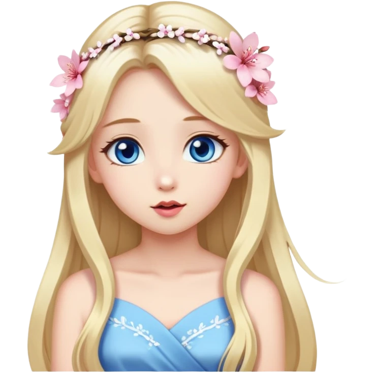 Girl with long blond hair and sakura accessories on her hair with a long tailed dress and have blue eyes beautiful finish and she sending lovely kisses  emoji
