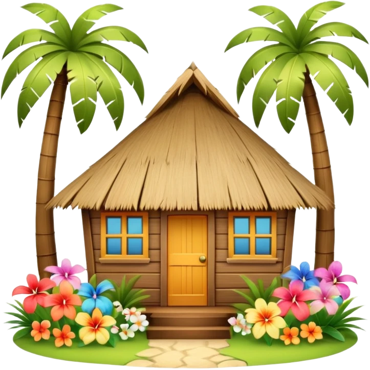 Hawaiian beach house, small tropical house, wooden walls, thatched roof, colorful flowers, palm trees, cute mobile game icon, 3D cartoon, bright colors, soft shadows, clean background, no text, no watermark emoji