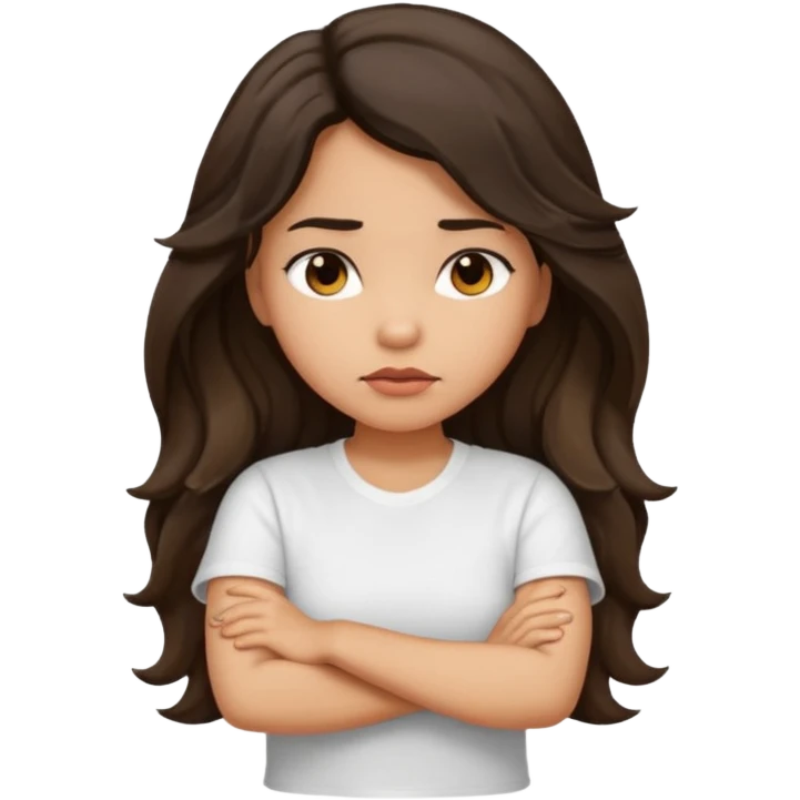 Hispanic light tan girl with long dark wavy hair with arms folded and slightly pouting emoji