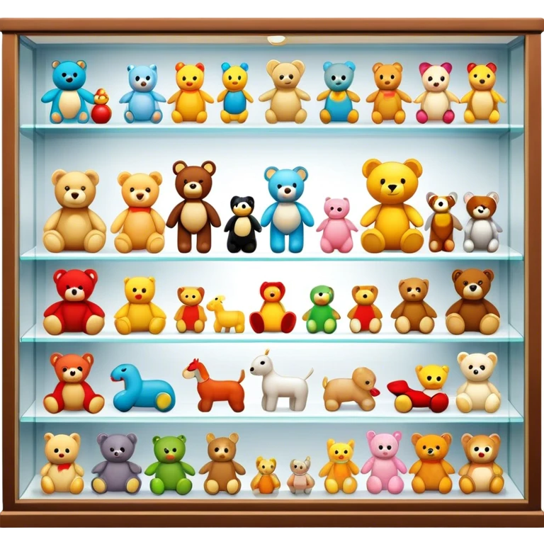 Icon for Toy Collecting: a collection of various vintage toys such as dolls, action figures, and plush animals, displayed neatly on shelves or in display cases. The icon should evoke the joy and nostalgia of collecting toys. Transparent background. emoji