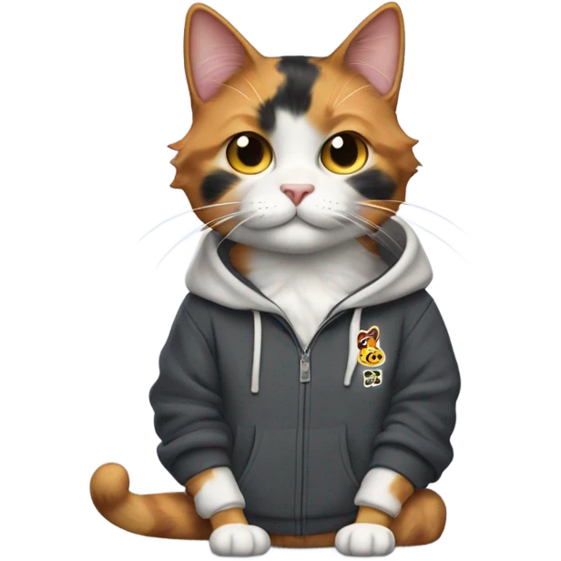 Calico cat wearing a sweatshirt that says “I bite ankles”  emoji