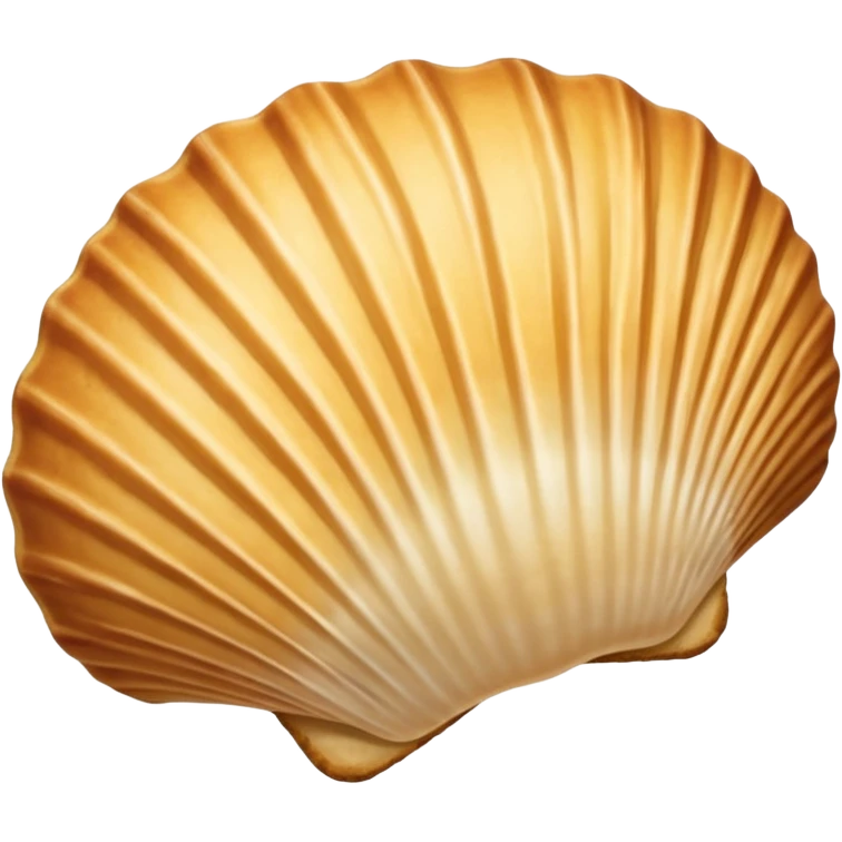 A madeleine pastry. Oval seashell shape with ONLY four to five vertical lines going in the same direction. Light golden brown. Scalloped edge. Cookie. Flat. Long. Oval shape. Lets scallops. Only four or five scalloped lines. Oblong shape emoji