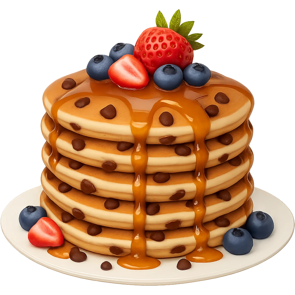 Add chocolate chips to the stack of pancakes with strawberries and blueberries, inspired by California. Keep no background. emoji