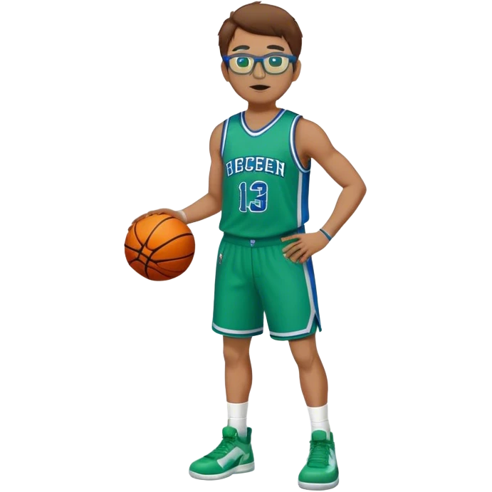 full body  white male basketball player  with brown hair wearing glasses in blue an green uniform emoji