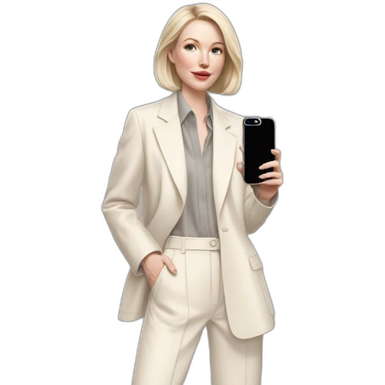 pale skin woman with ash blonde Straightened bob Hair, White Spacious classical jacket, beige palazzo Arrow pants and gray blouse holding white IPhone 15 pro in the hands emoji