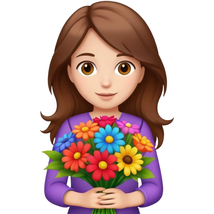 brown-haired girl holding a colorful bouquet of flowers emoji